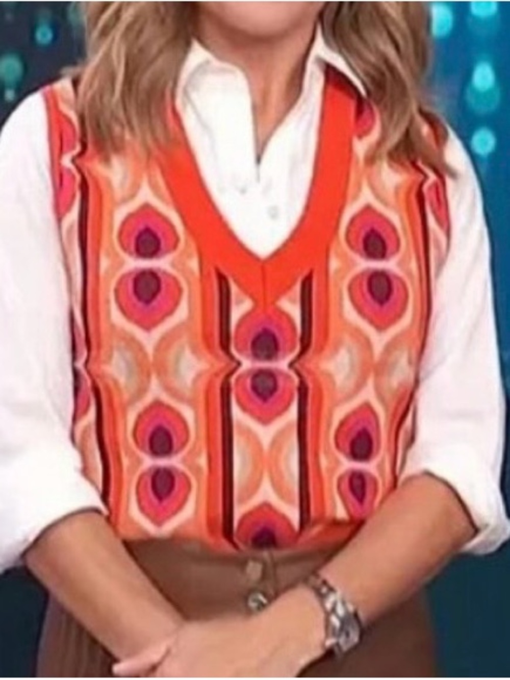 Anthropologie Maeve Vera Jacquard Retro Geometric Sweater Vest XL Orange / Pink - Picture 4 of 7